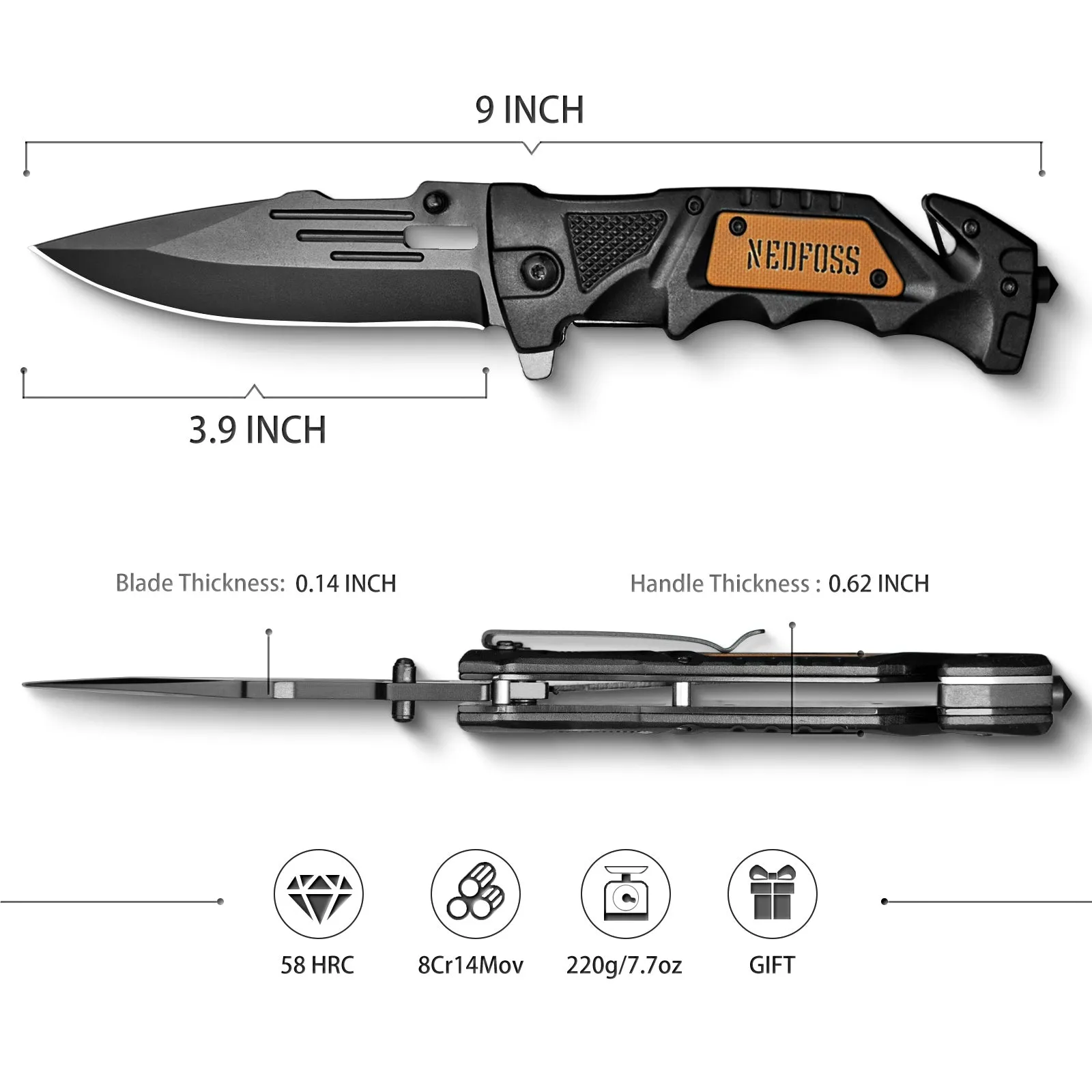 NedFoss DA75 Tactical Pocket Knife , 3 in 1 Folding Knife with Seat Belt Cutter, Glass Breaker