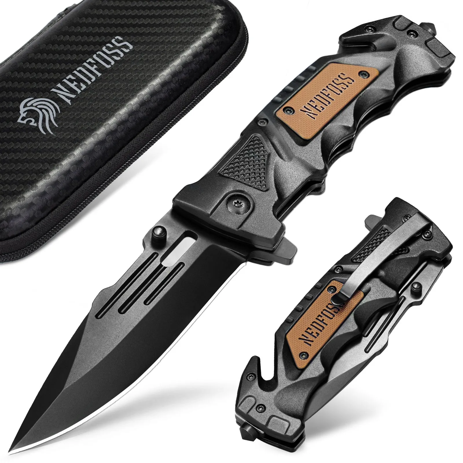 NedFoss DA75 Tactical Pocket Knife , 3 in 1 Folding Knife with Seat Belt Cutter, Glass Breaker