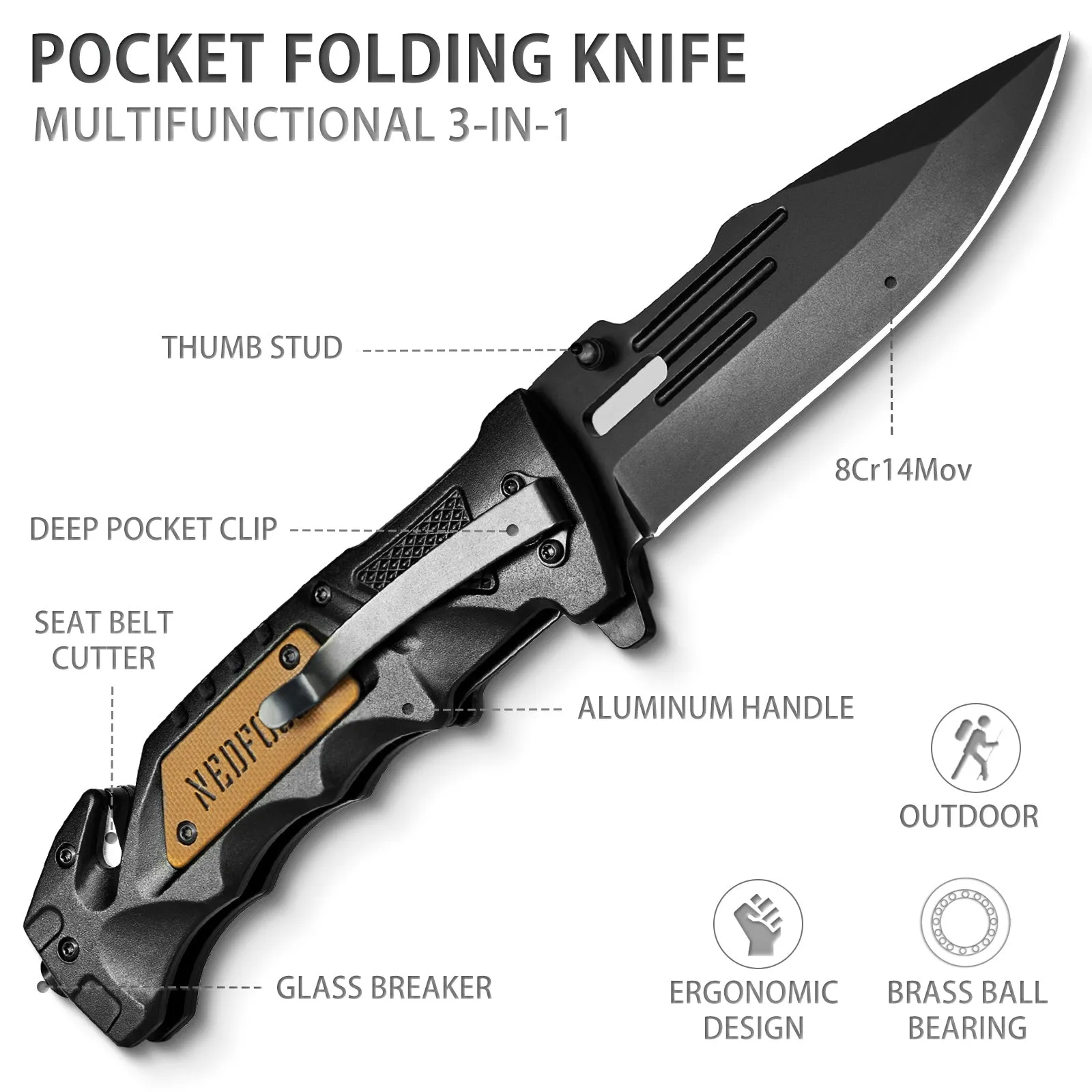 NedFoss DA75 Tactical Pocket Knife , 3 in 1 Folding Knife with Seat Belt Cutter, Glass Breaker