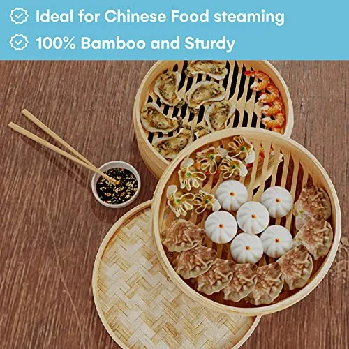 NOA 10 Inch Bamboo Steamer Basket 2 Tier Natural Bamboo Dumpling Steamer