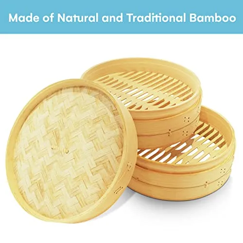 NOA 10 Inch Bamboo Steamer Basket 2 Tier Natural Bamboo Dumpling Steamer