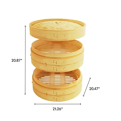 NOA 10 Inch Bamboo Steamer Basket 2 Tier Natural Bamboo Dumpling Steamer