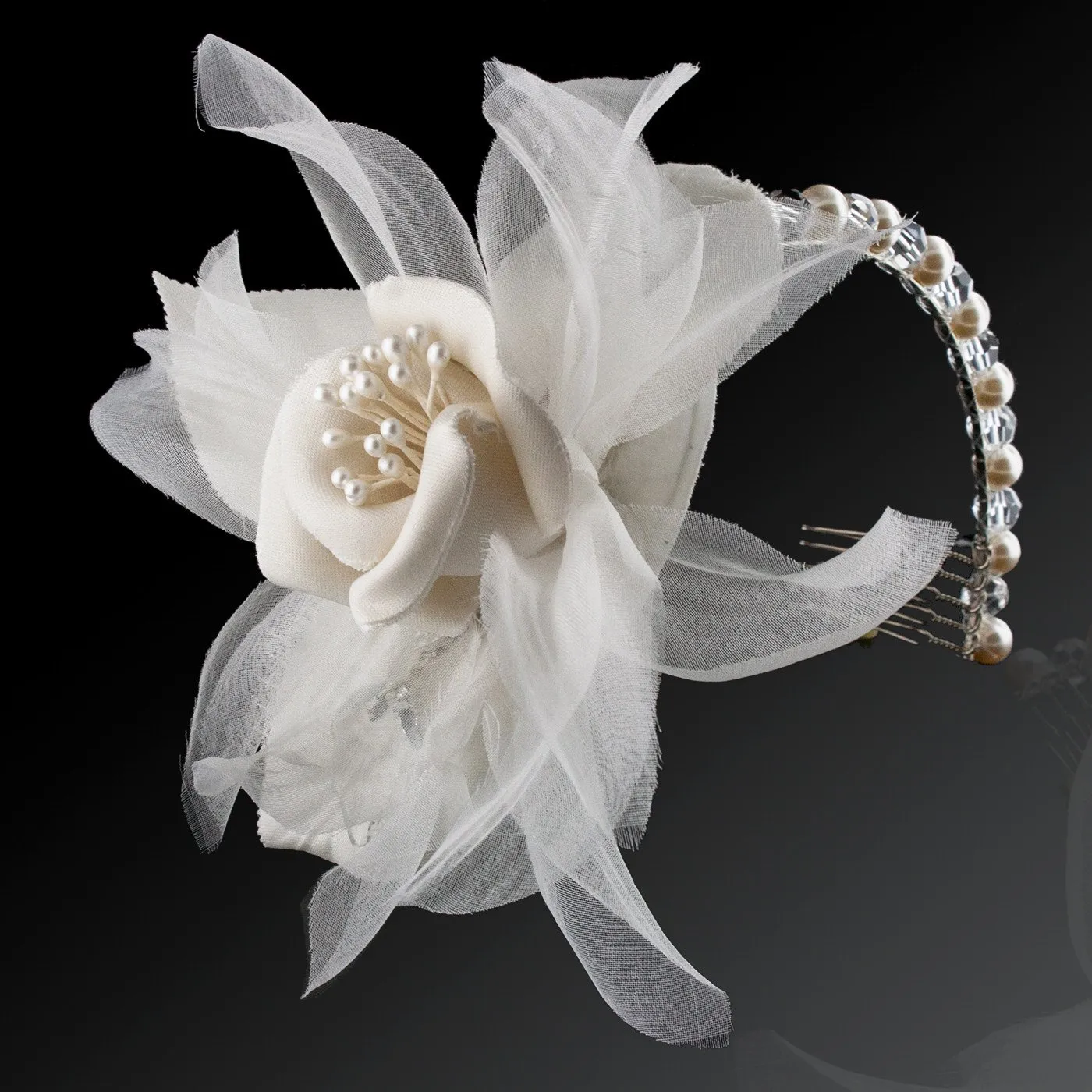 Pearl & Crystal Headband with Silk Flower