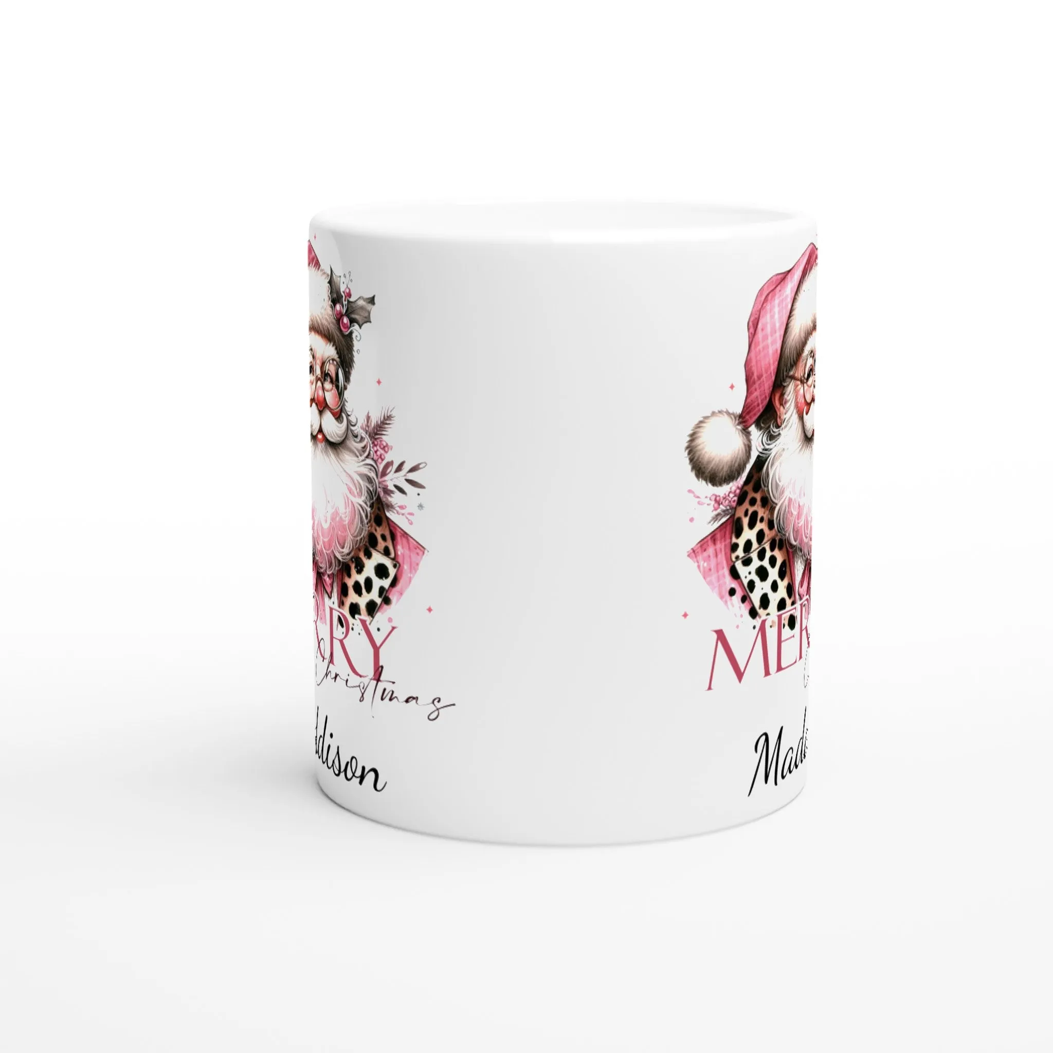 Personalised Christmas White 11oz Ceramic Mug Pink Christmas Santa