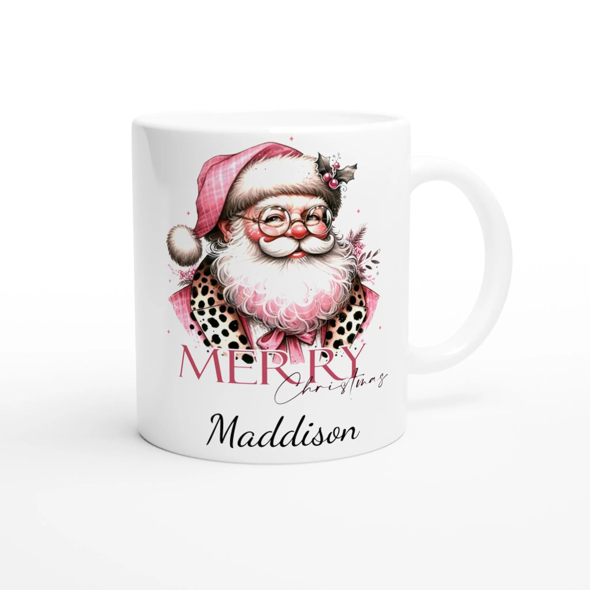 Personalised Christmas White 11oz Ceramic Mug Pink Christmas Santa