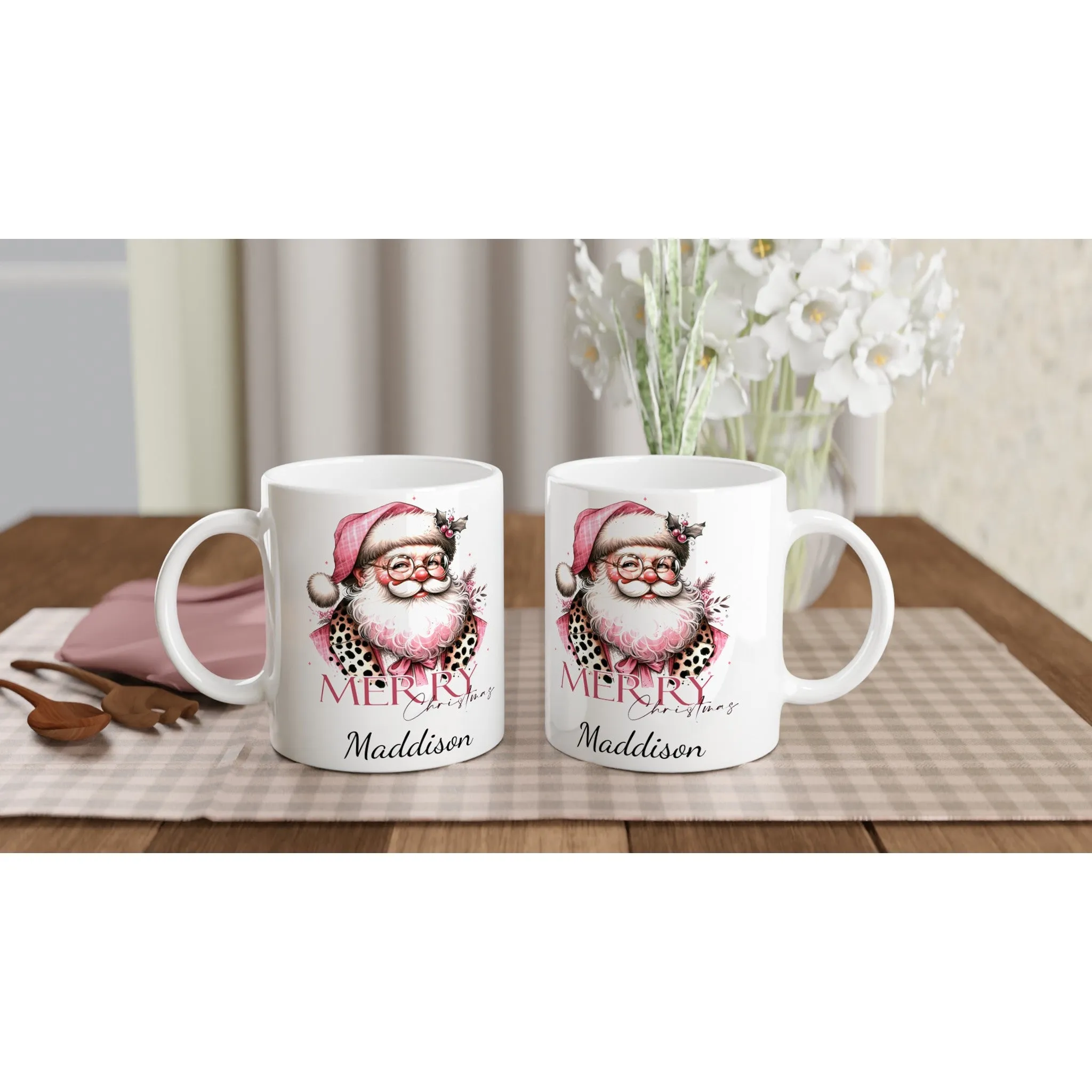 Personalised Christmas White 11oz Ceramic Mug Pink Christmas Santa