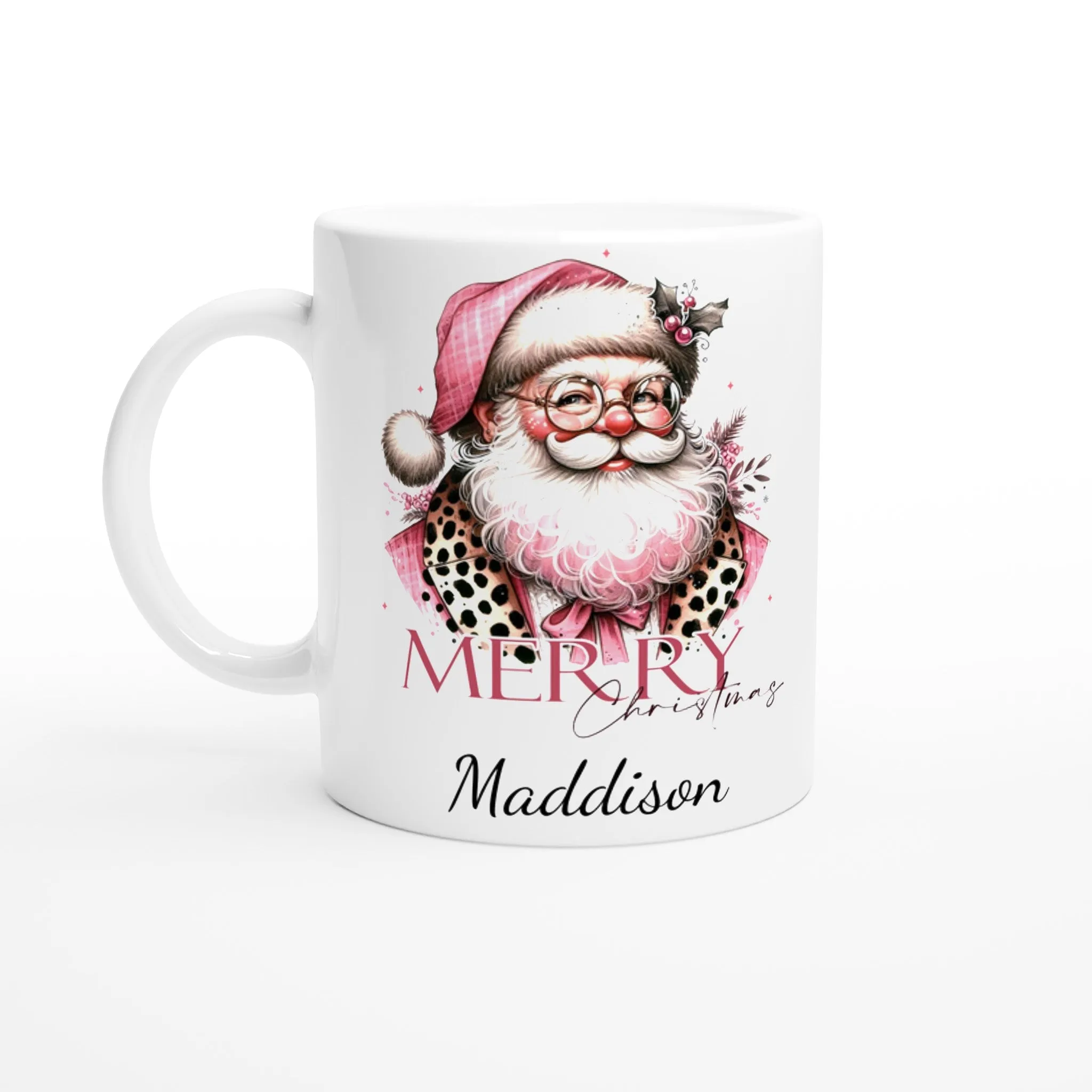 Personalised Christmas White 11oz Ceramic Mug Pink Christmas Santa