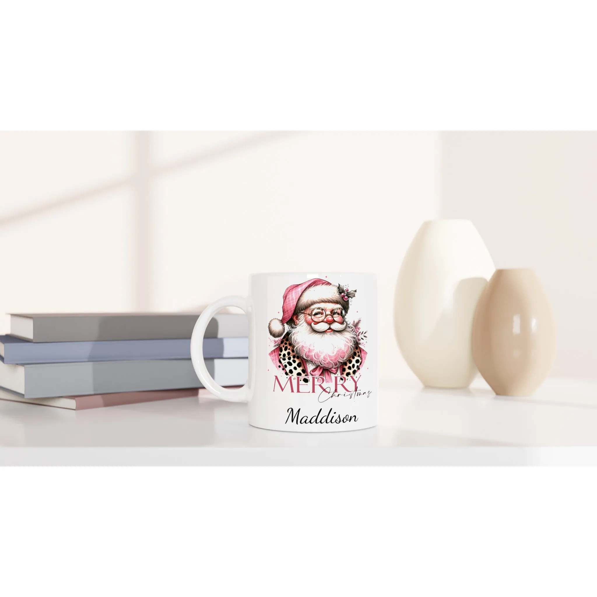 Personalised Christmas White 11oz Ceramic Mug Pink Christmas Santa