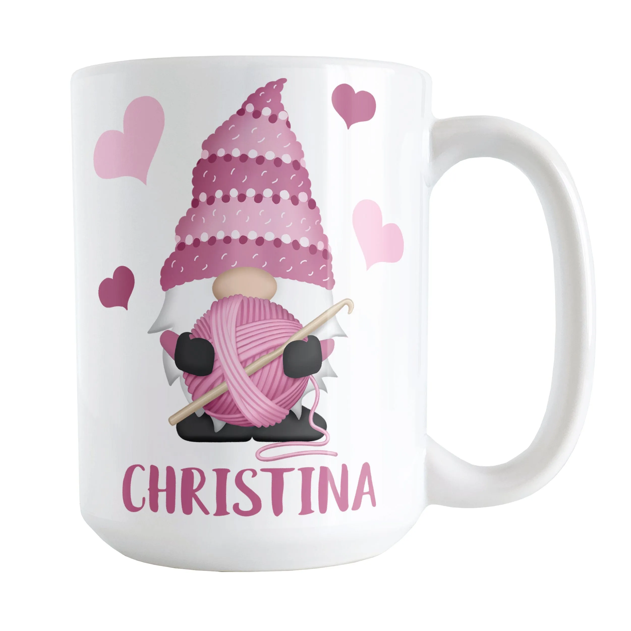 Personalized Pink Crochet Gnome Mug