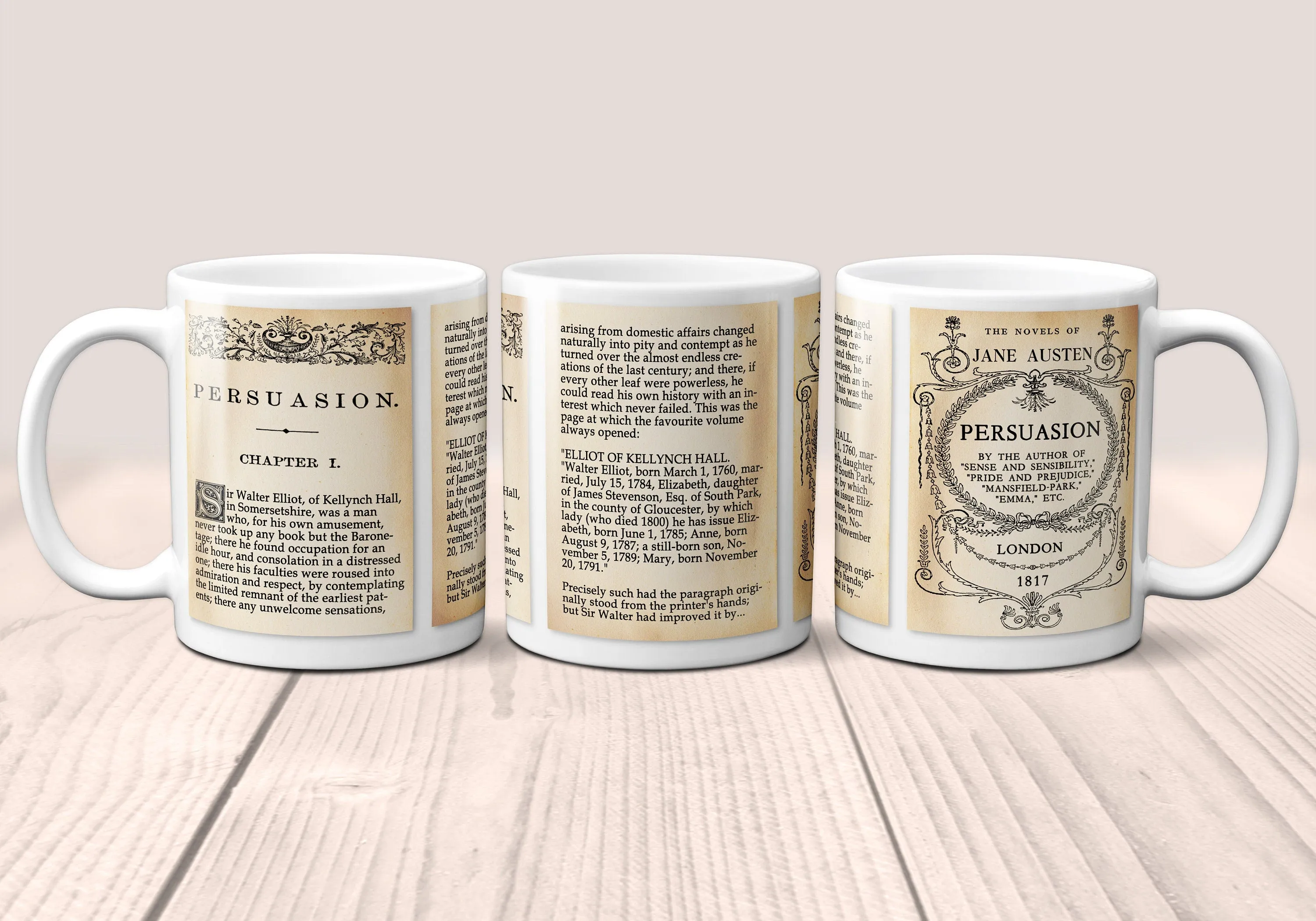 Persuasion by Jane Austen Mug. Coffee Mug with Persuasion book Title and Book Pages, Bookish Gift, Literary Mug, Jane Austen Gift, Bookworm