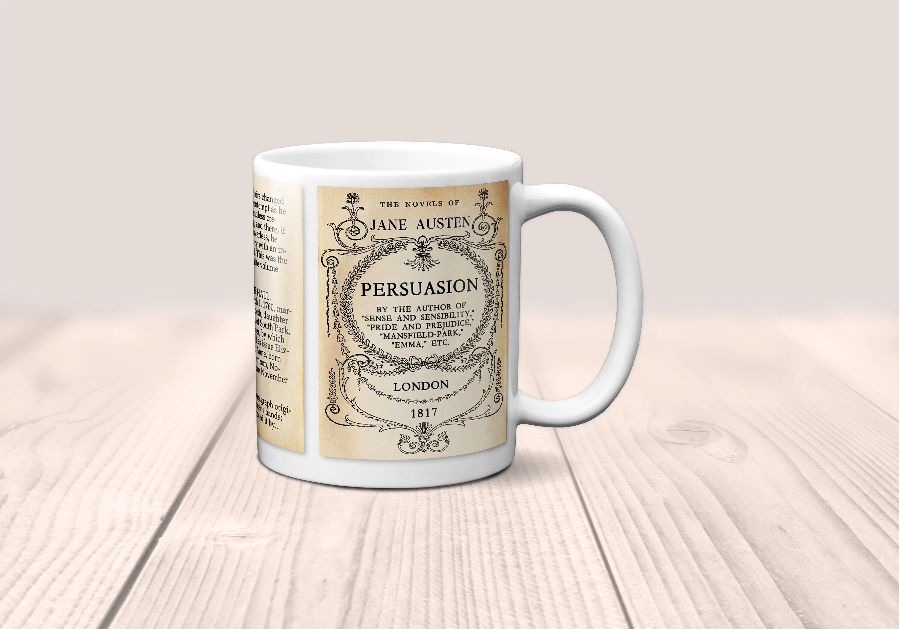 Persuasion by Jane Austen Mug. Coffee Mug with Persuasion book Title and Book Pages, Bookish Gift, Literary Mug, Jane Austen Gift, Bookworm