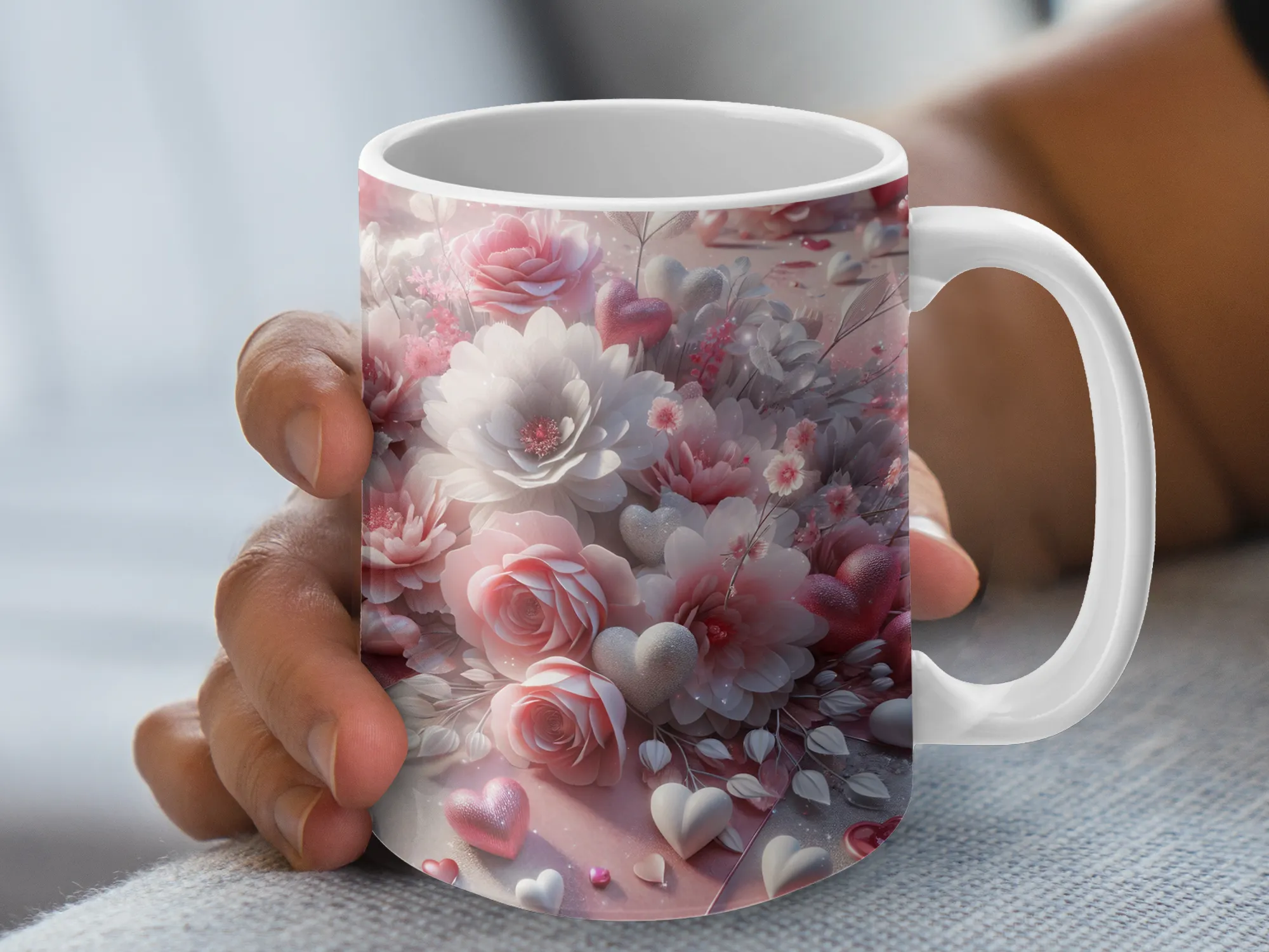 Pink and White Hearts Flowers Coffee Mug, Cute Love Mug, Gift for Her, Heart Mug Cup, Valentines Day Gift for Her, I Love You Gift for Her