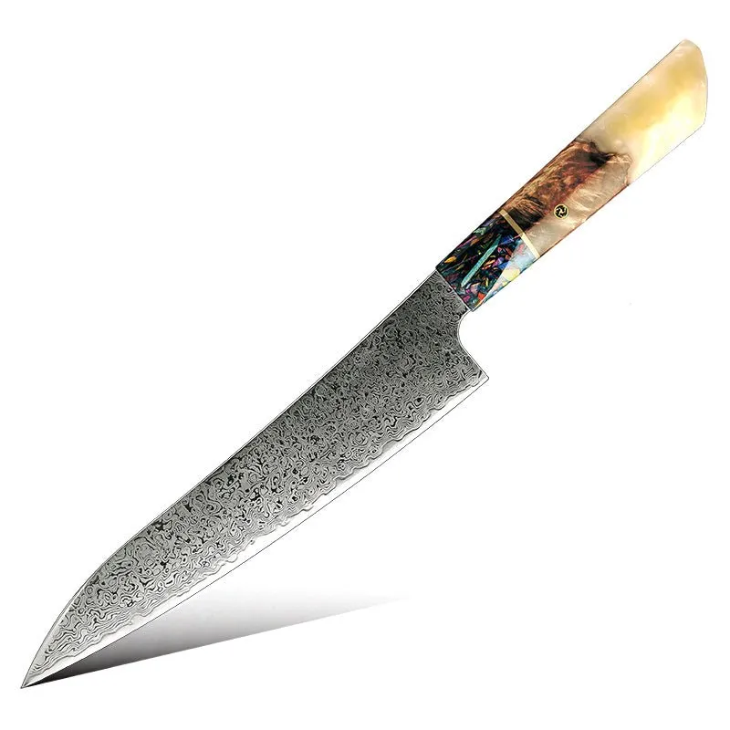 Pristine Japanese VG10 Damascus Chef Knife with Olive Burl Wood Handle