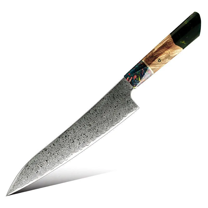 Pristine Japanese VG10 Damascus Chef Knife with Olive Burl Wood Handle