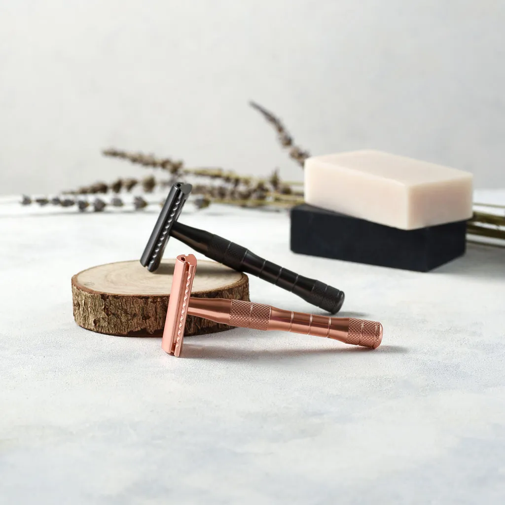 Rose Gold or Black Reusable Safety Razors w/ Natural Jute Travel Bag