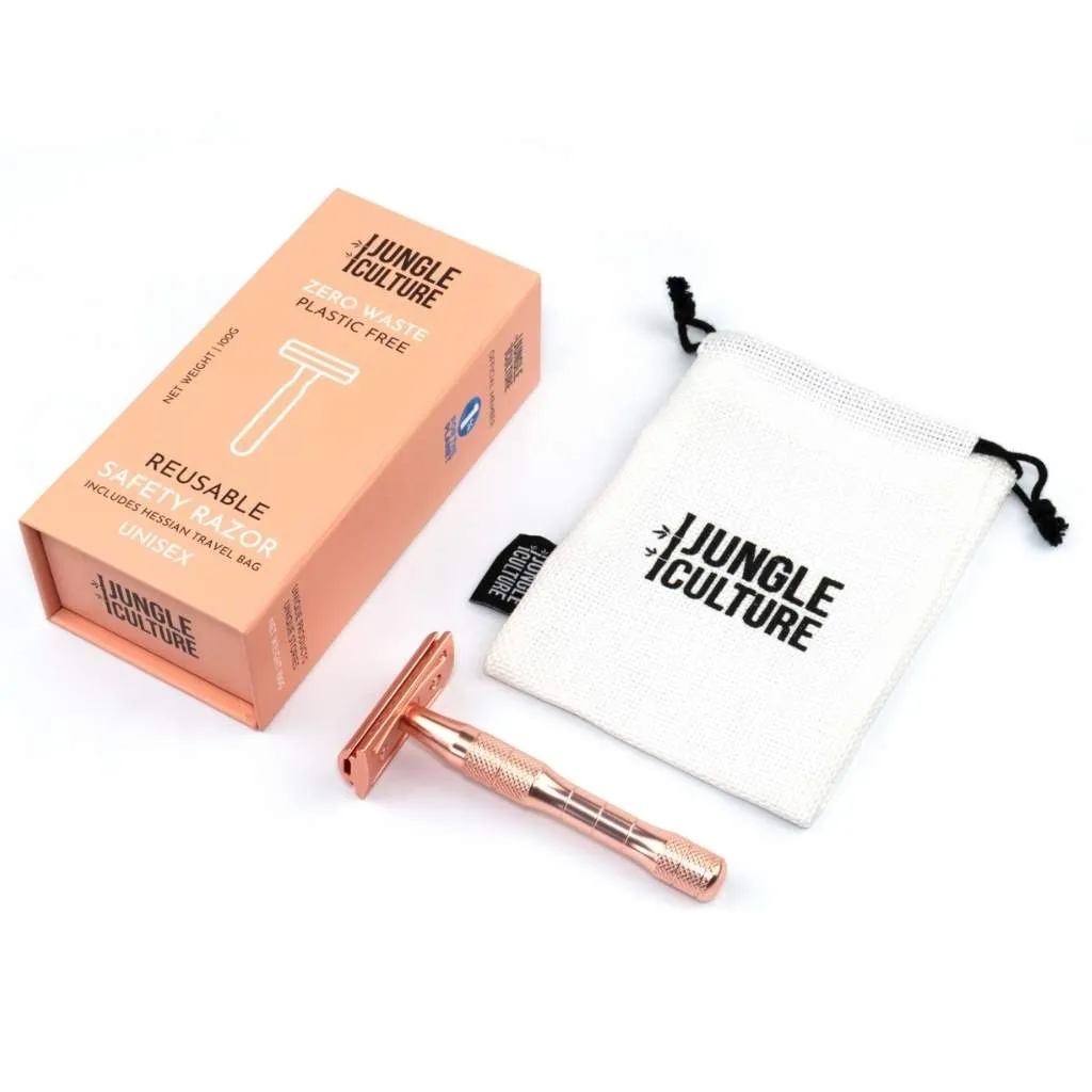 Rose Gold or Black Reusable Safety Razors w/ Natural Jute Travel Bag