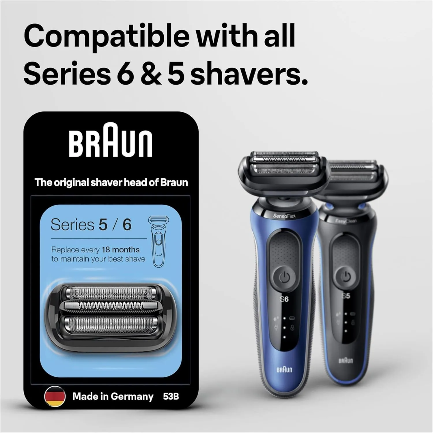 Series 5 Electric Shaver Replacement Head, Easily Attach Your New Shaver Head, Compatible With All New Generation Series 5/6 Electric Shavers, 53B, Black