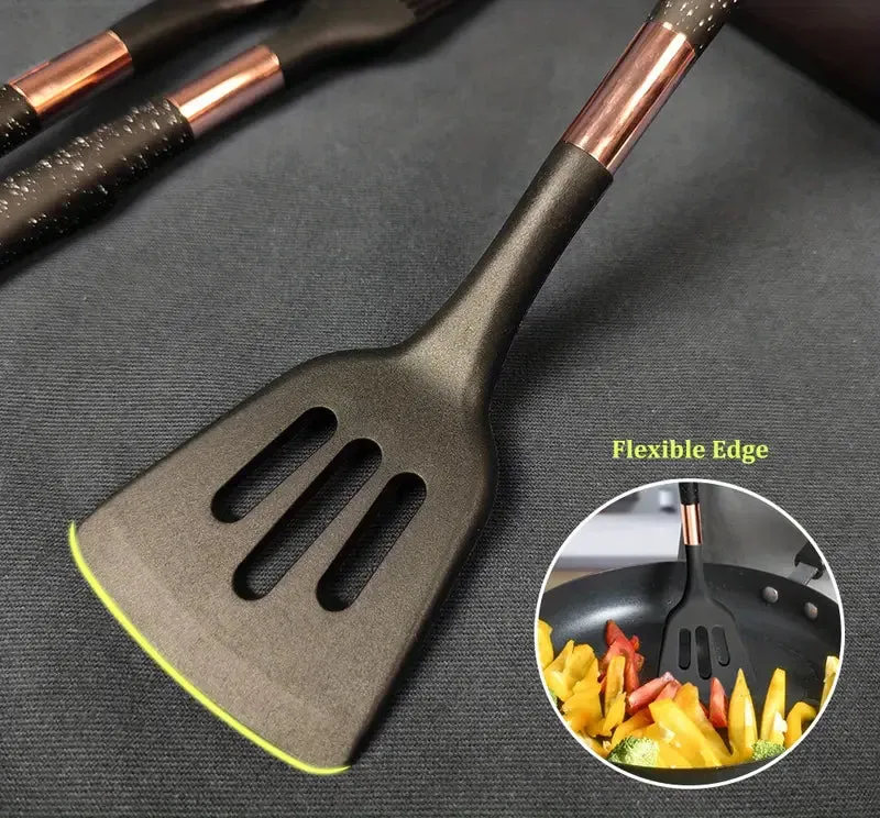 Silicone Cooking Utensils Set, Golden Plated Kitchen Utensils, Eco Friendly & BPA Free