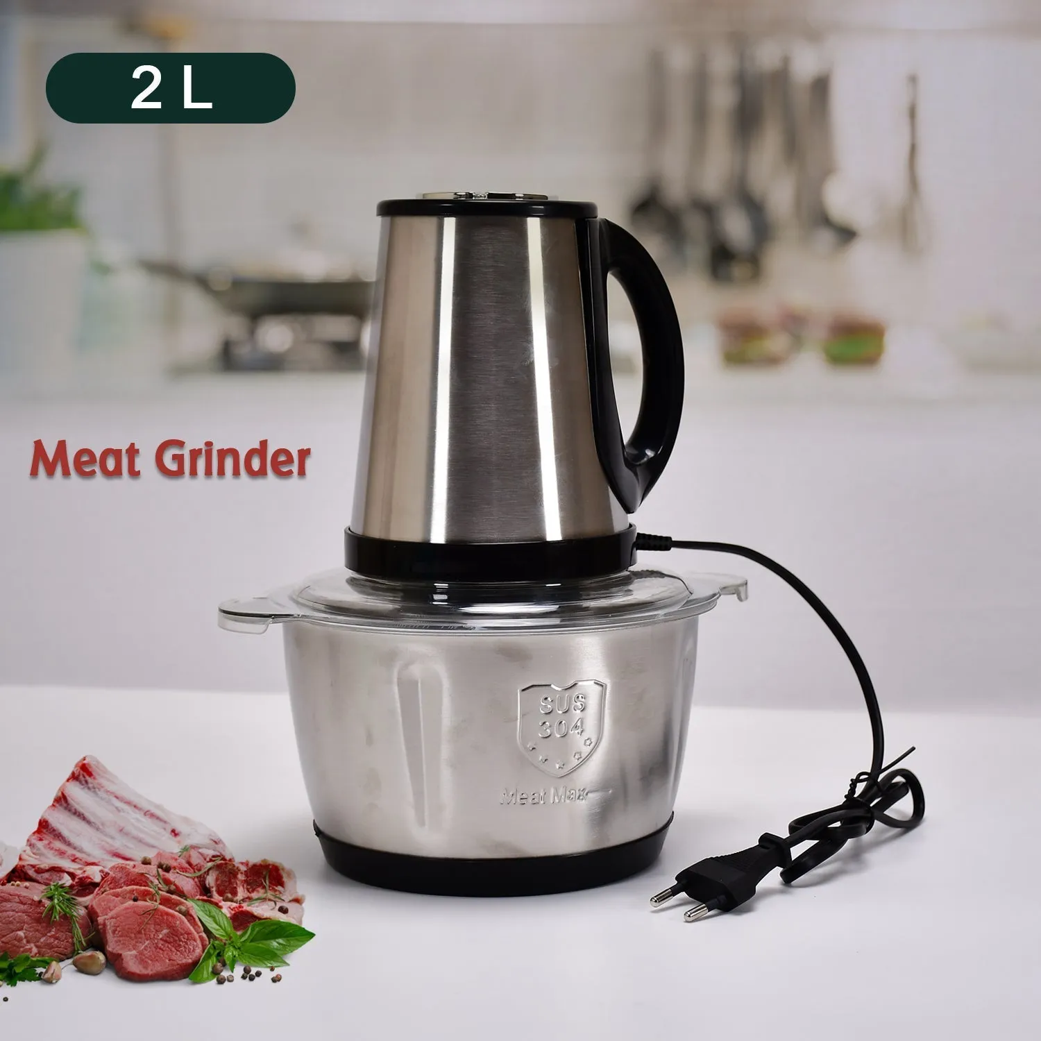 STAINLESS STEEL ELECTRIC MEAT GRINDERS WITH BOWL HEAVY FOR KITCHEN FOOD CHOPPER, MEAT, VEGETABLES, ONION , GARLIC SLICER DICER, FRUIT & NUTS BLENDER (2L, 250WATTS)