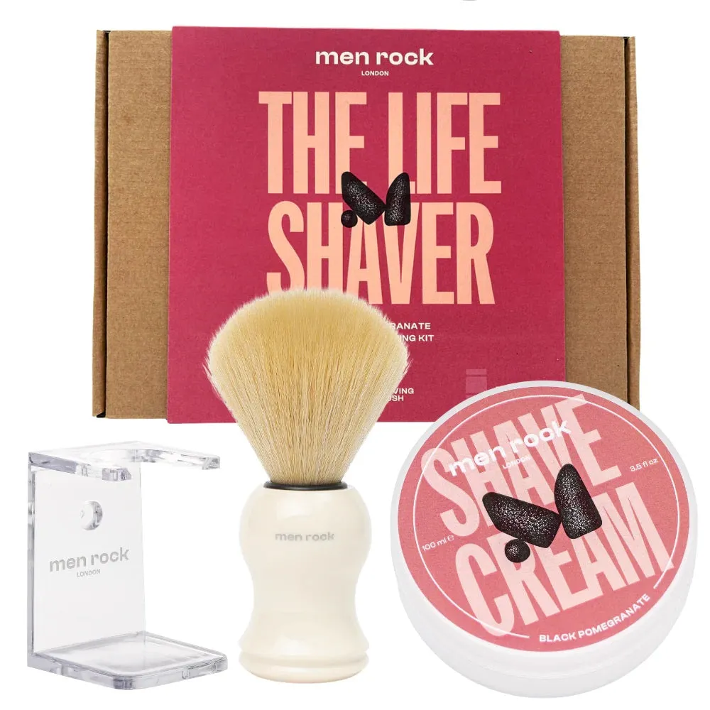 The Life Shaver Black Pomegranate zestaw krem do golenia 100ml   pędzel do golenia   stojak na pędzel