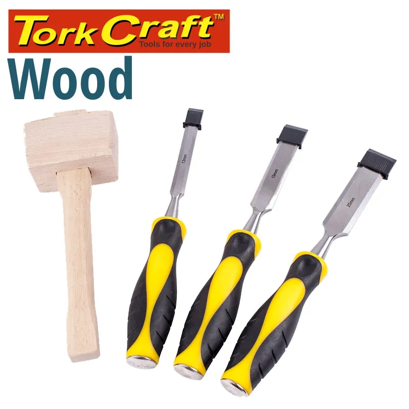 TORK CRAFT CHISEL SET WOOD 3 PIECE PLUS WOODEN MALLET BLISTER CH30001