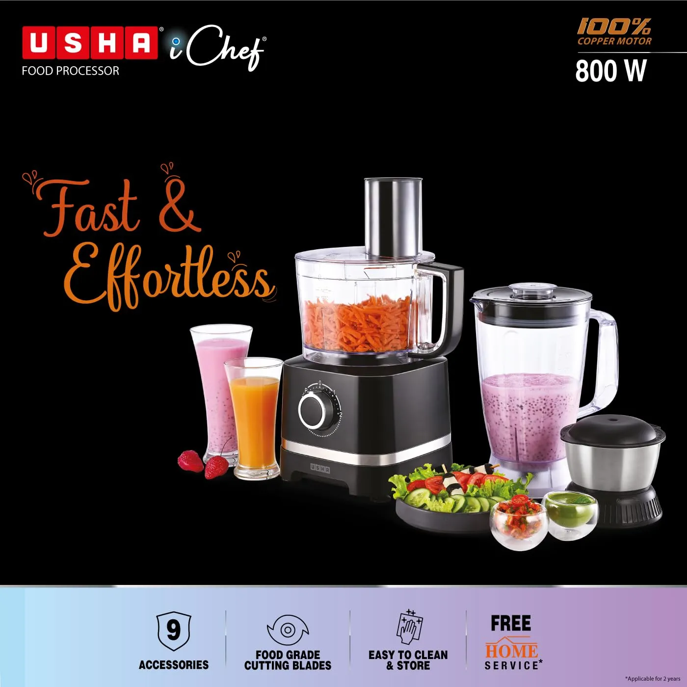 Usha ICHEF Food Processor 800 Watts Copper Motor with 9 Accessories & 8 Functions (Black)