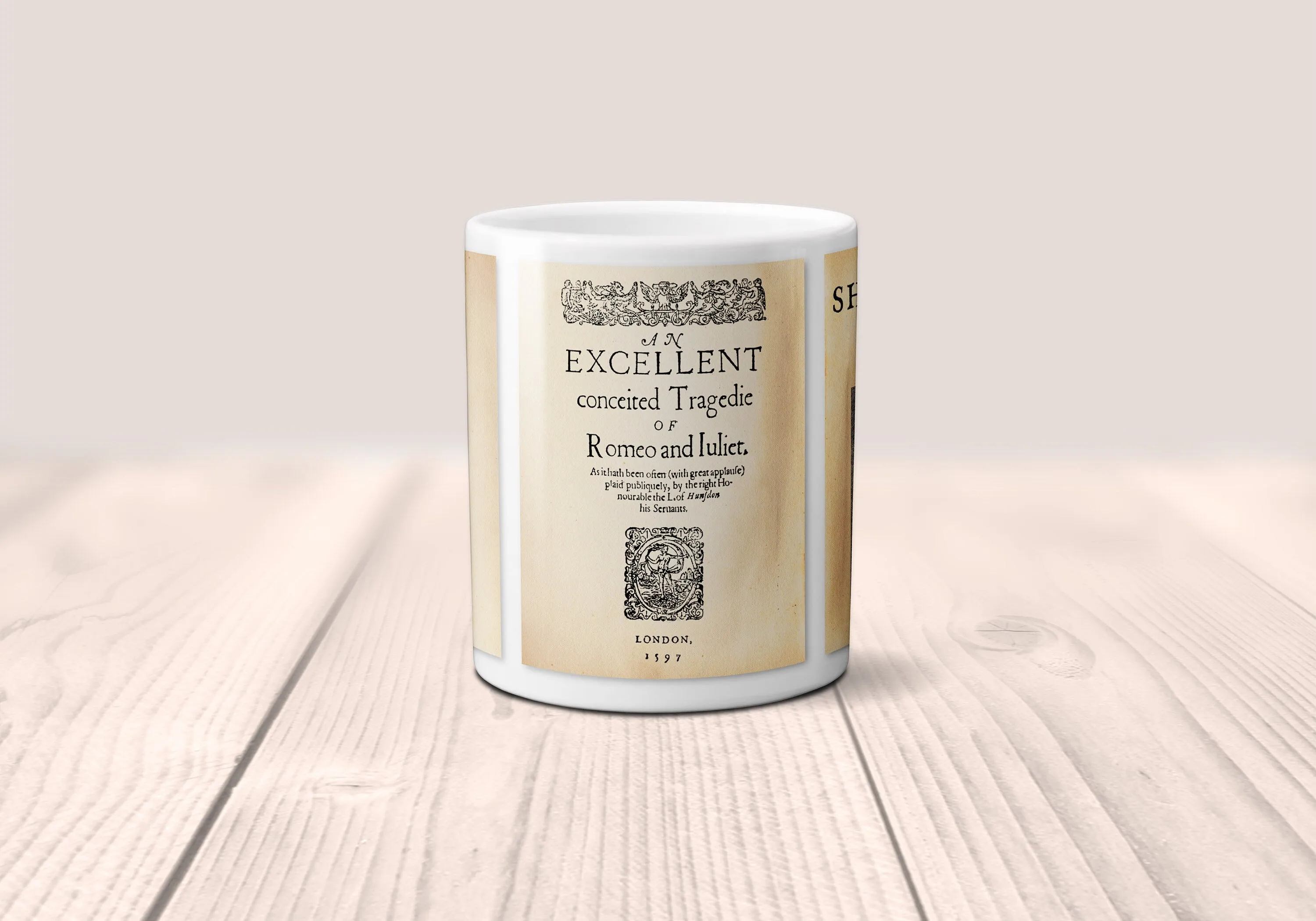 William Shakespeare Mug. Coffee Mug with two Shakespeare's plays - Hamlet  and Romeo & Juliet.