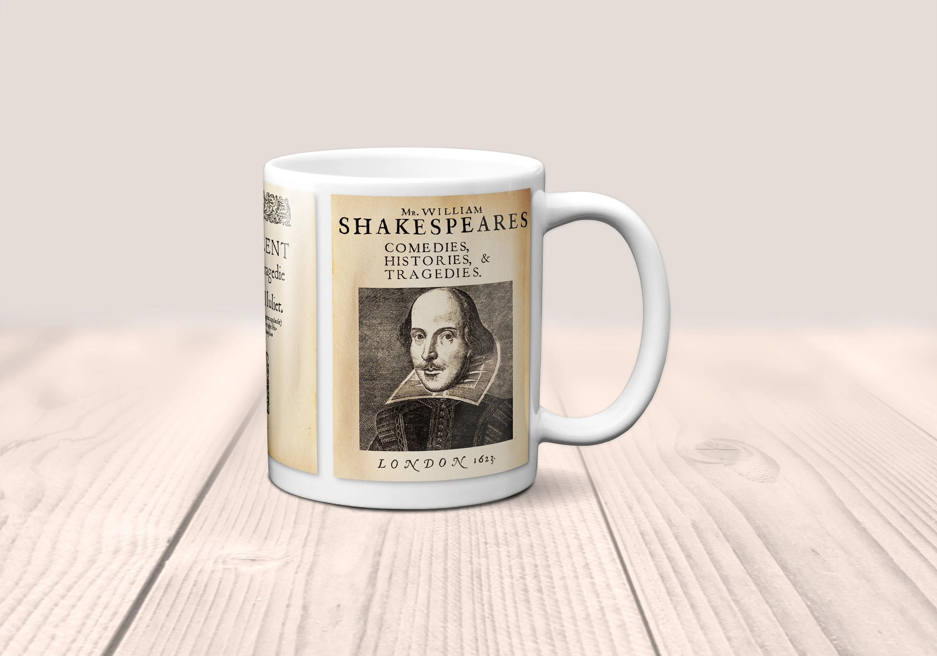 William Shakespeare Mug. Coffee Mug with two Shakespeare's plays - Hamlet  and Romeo & Juliet.