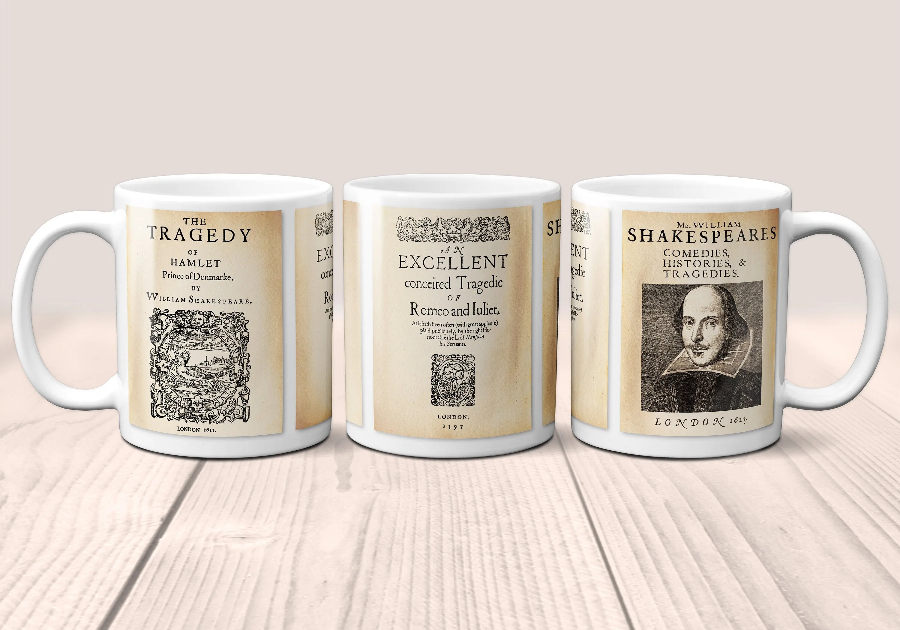 William Shakespeare Mug. Coffee Mug with two Shakespeare's plays - Hamlet  and Romeo & Juliet.