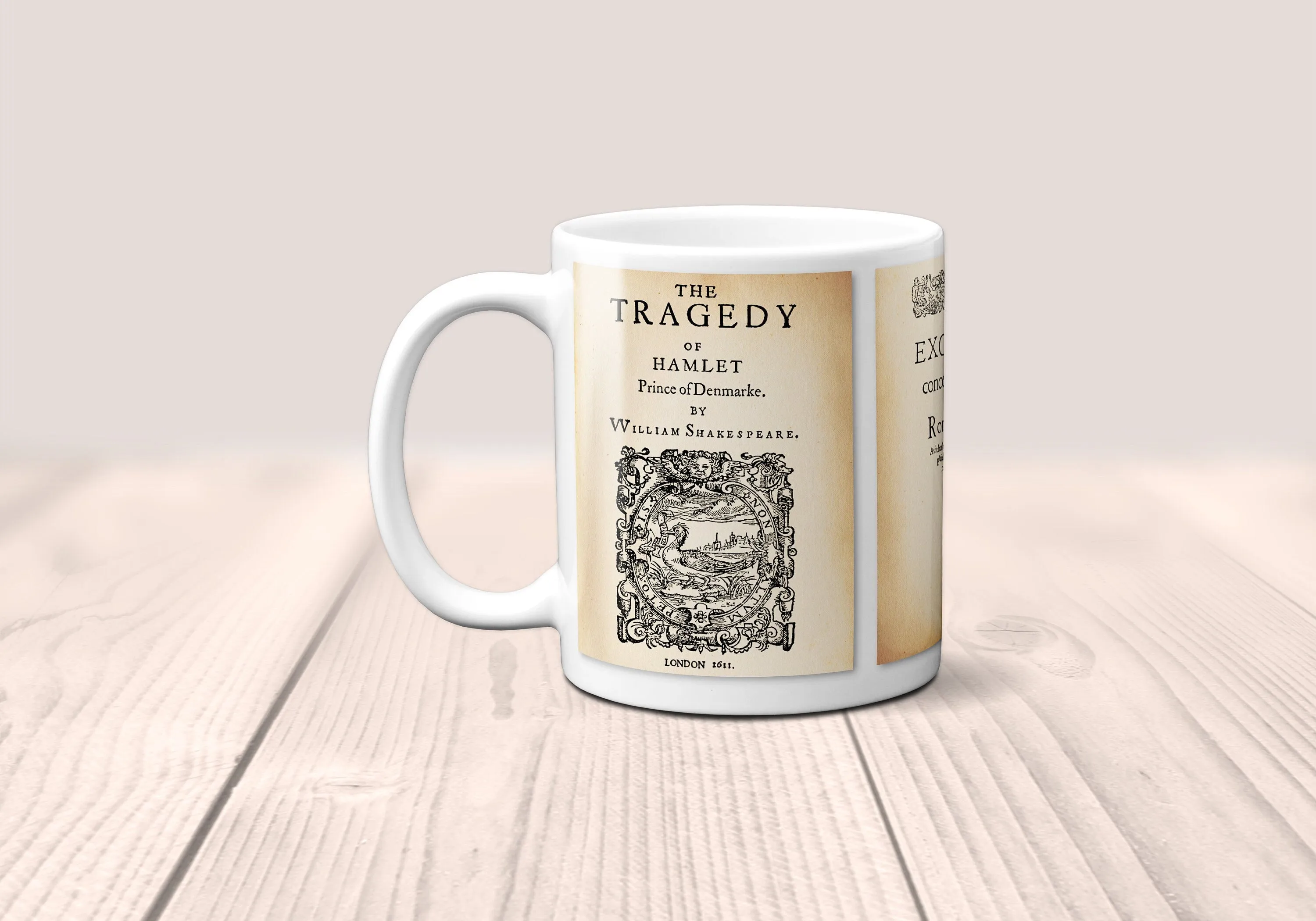 William Shakespeare Mug. Coffee Mug with two Shakespeare's plays - Hamlet  and Romeo & Juliet.