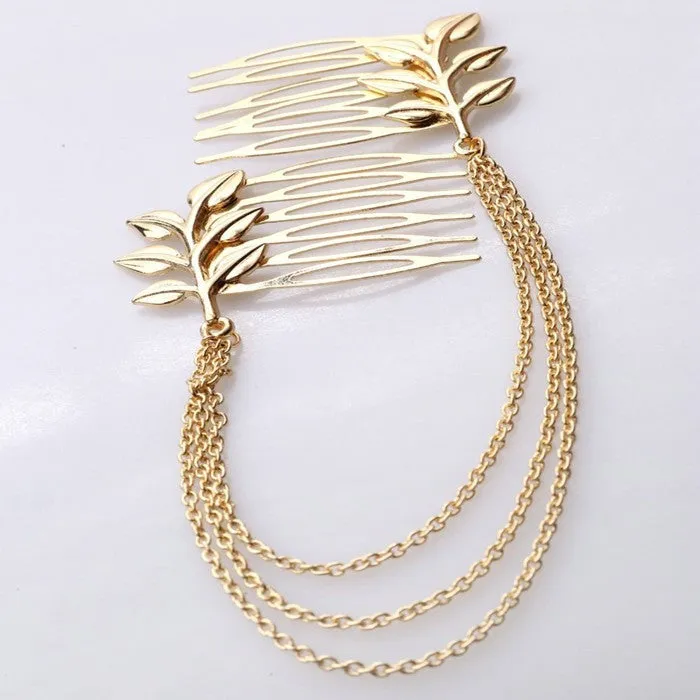 Women's Hair Accessories Gold Color Leaf Hair Comb Tassel Cuff Headpiece Hair Chain Wedding Accessories Fine Jewelry