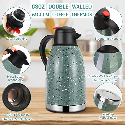 Yummy Sam Thermal Coffee Carafe Stainless Steel 68oz(2 Lifter) Double Walled Vacuum Coffee Thermos Water Beverage Dispenser 12 Hour Heat Retention/24 Hour Cold Retention, Green